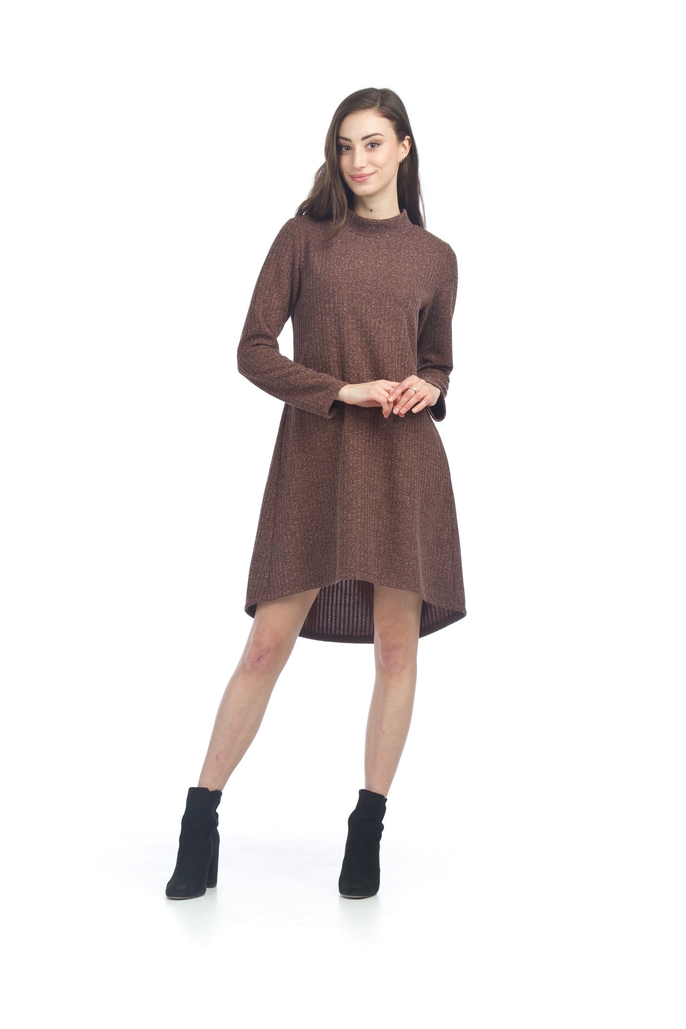 BROWN Mock Neck High Low Sweater Dress w Pockets