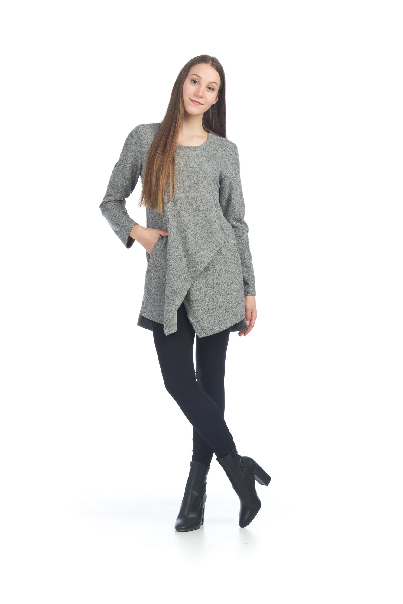 GREY Panelled Flap Over Sweater Dress with Pockets