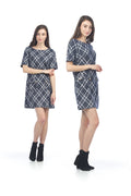 NAVY Plaid Short Sleeve Sweater Dress with Pockets