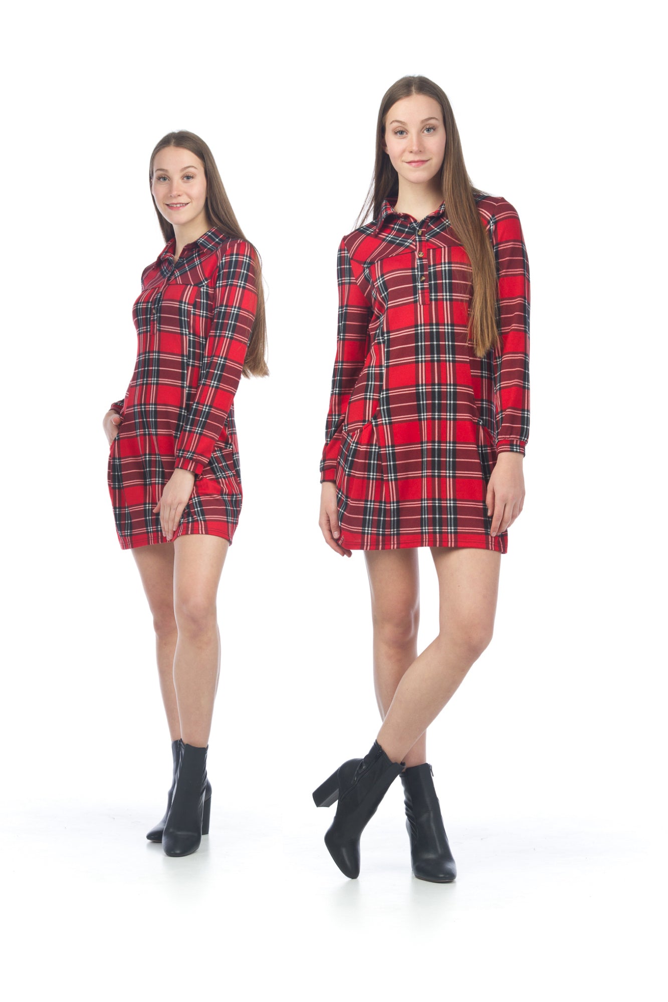 RED Plaid Henley Sweater Dress with Pockets
