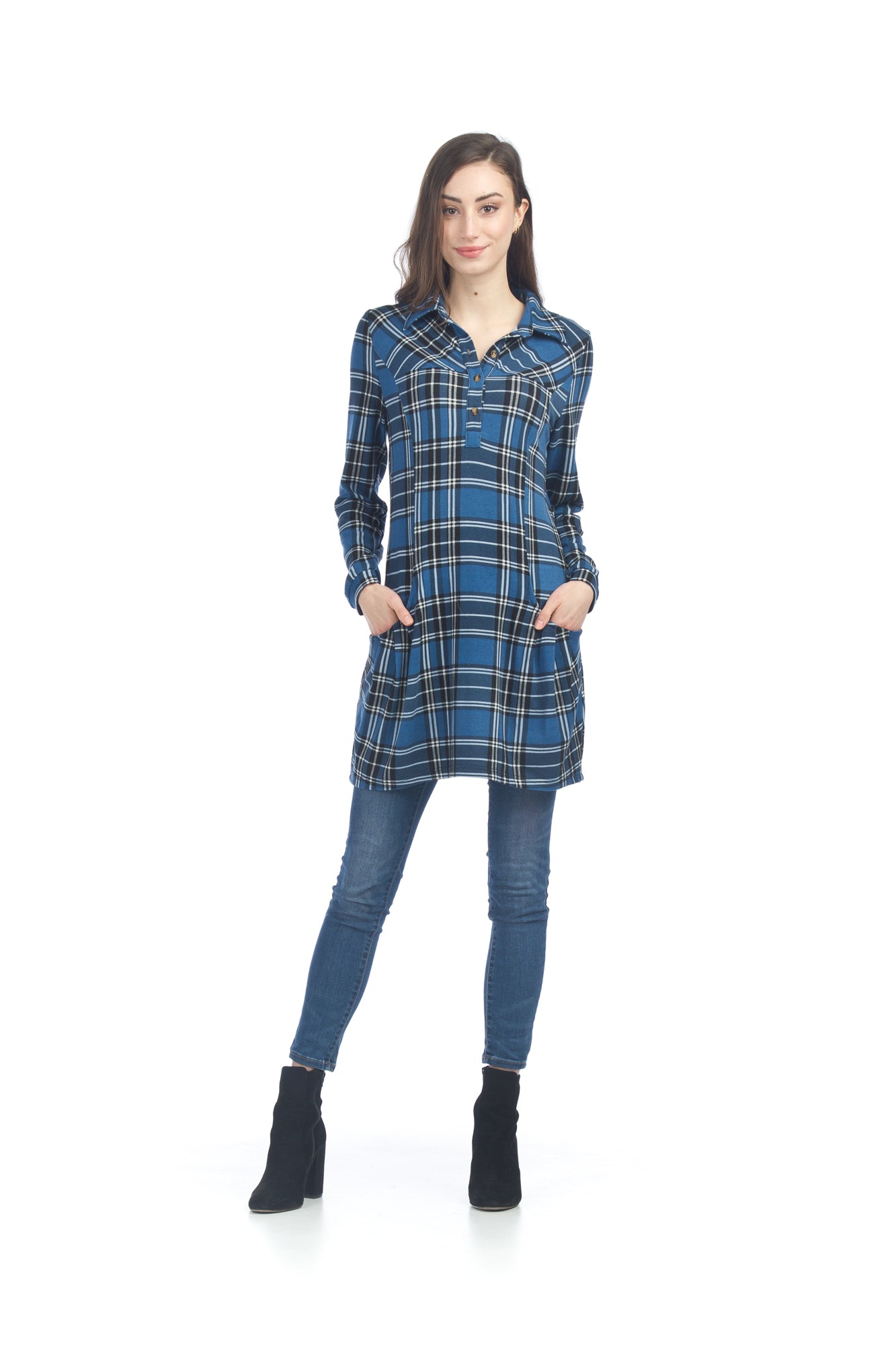BLUE Plaid Henley Sweater Dress with Pockets