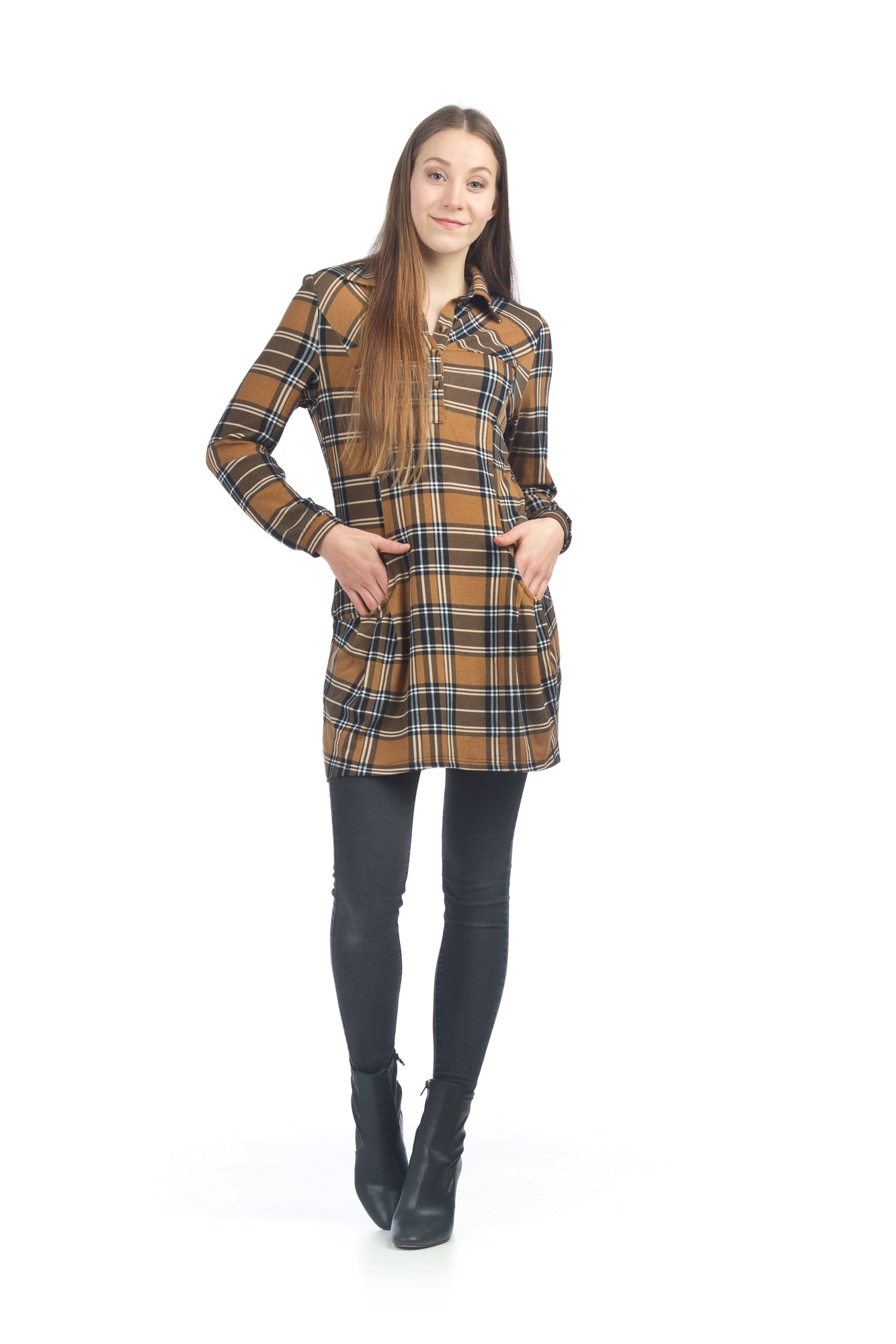 BLUE Plaid Henley Sweater Dress with Pockets