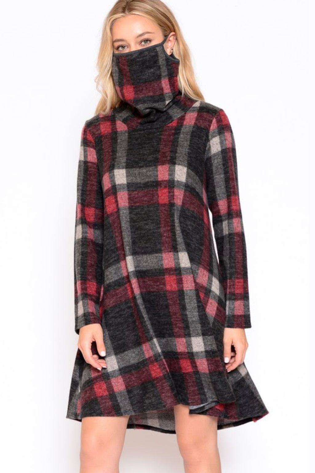 BLACK Plaid Cowl Neck A-Line Sweater Dress