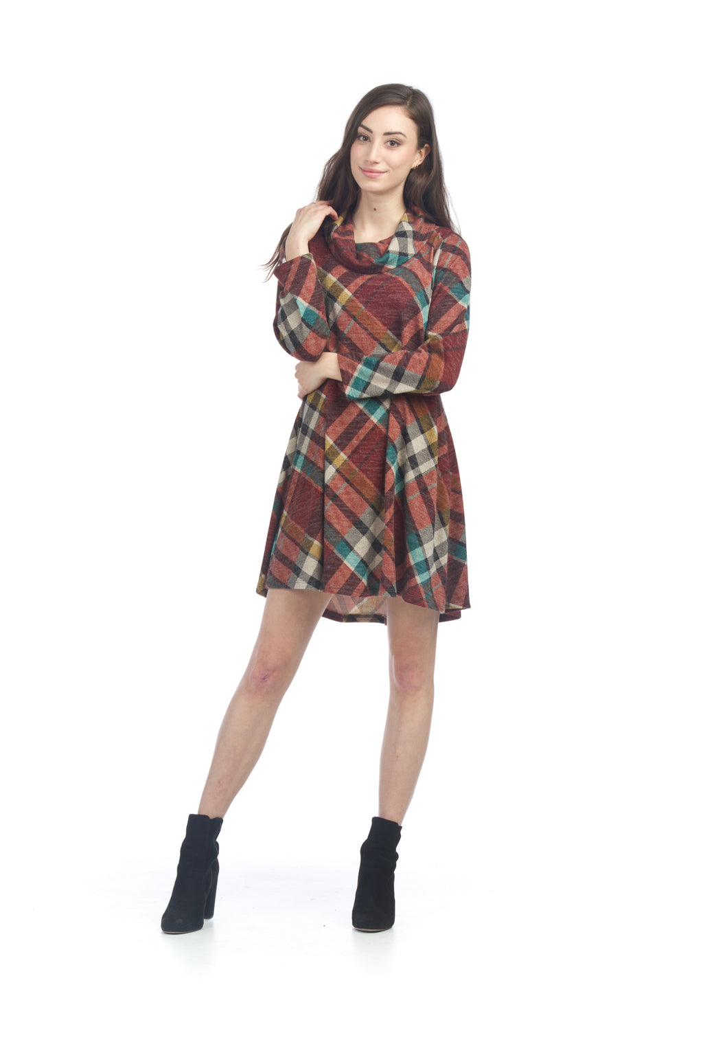 WINE Plaid Cowl Neck A-Line Sweater Dress