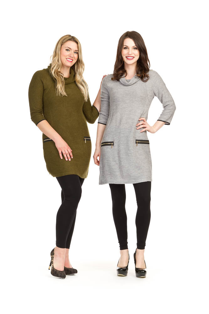 GREY Textured Cowl Neck Sweater Dress w Zip Detail