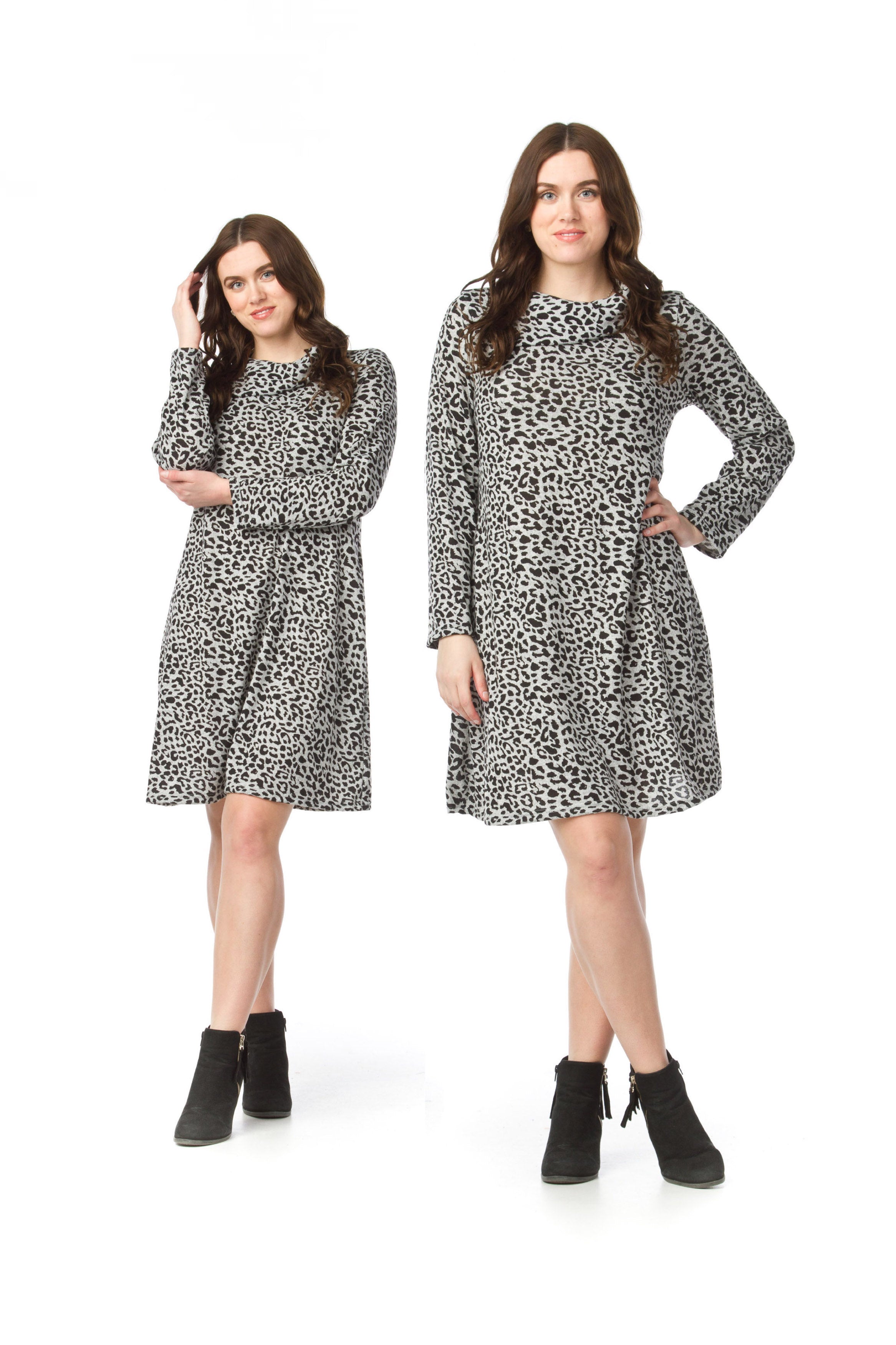 GREY A-Line 3/4 Sleeve Leopard Print Sweater Dress
