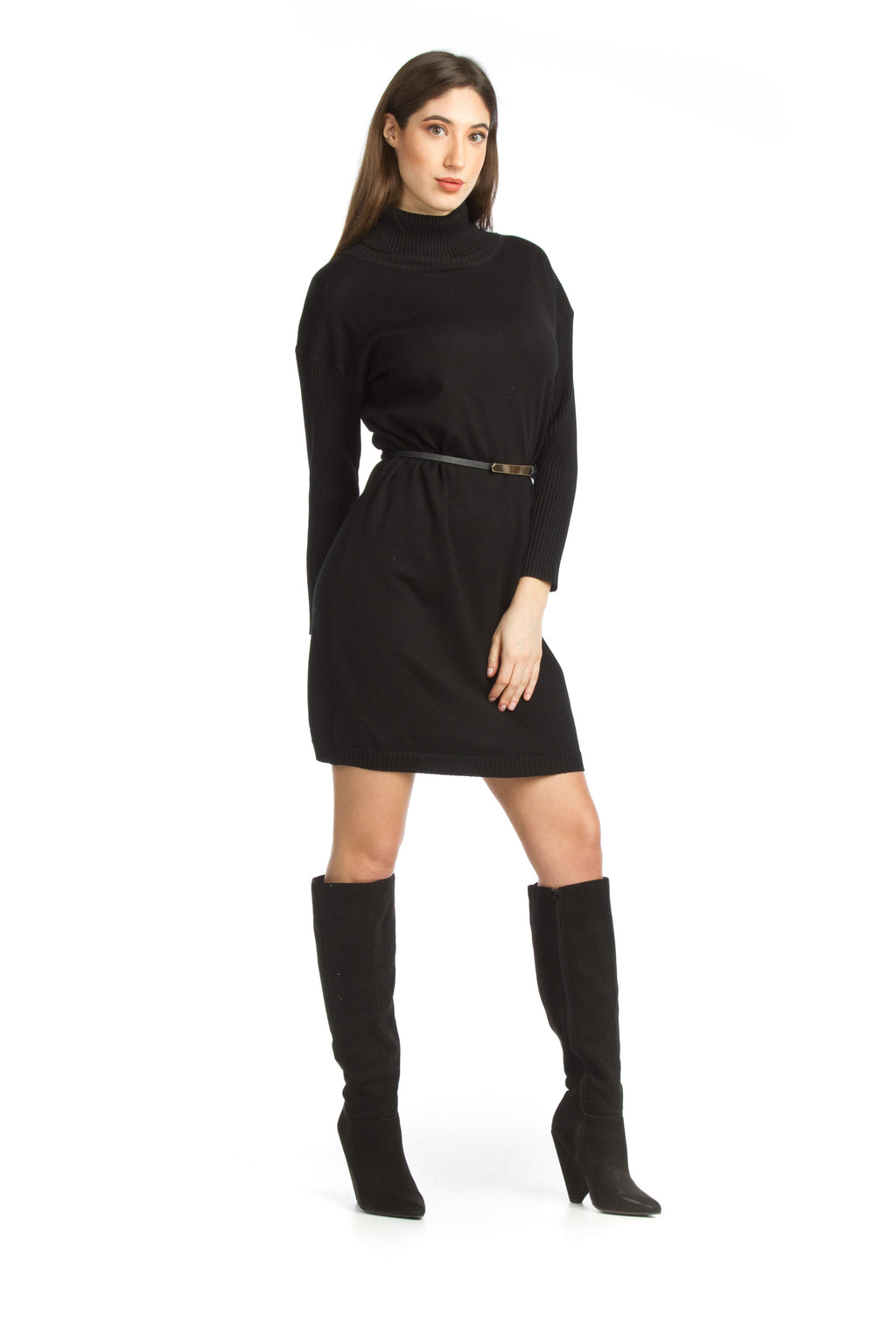 BLACK Turtle Neck Midi Sweater Dress w Ribbing Detail