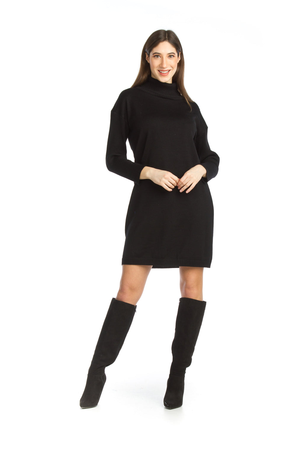 BLACK Turtle Neck Midi Sweater Dress w Ribbing Detail