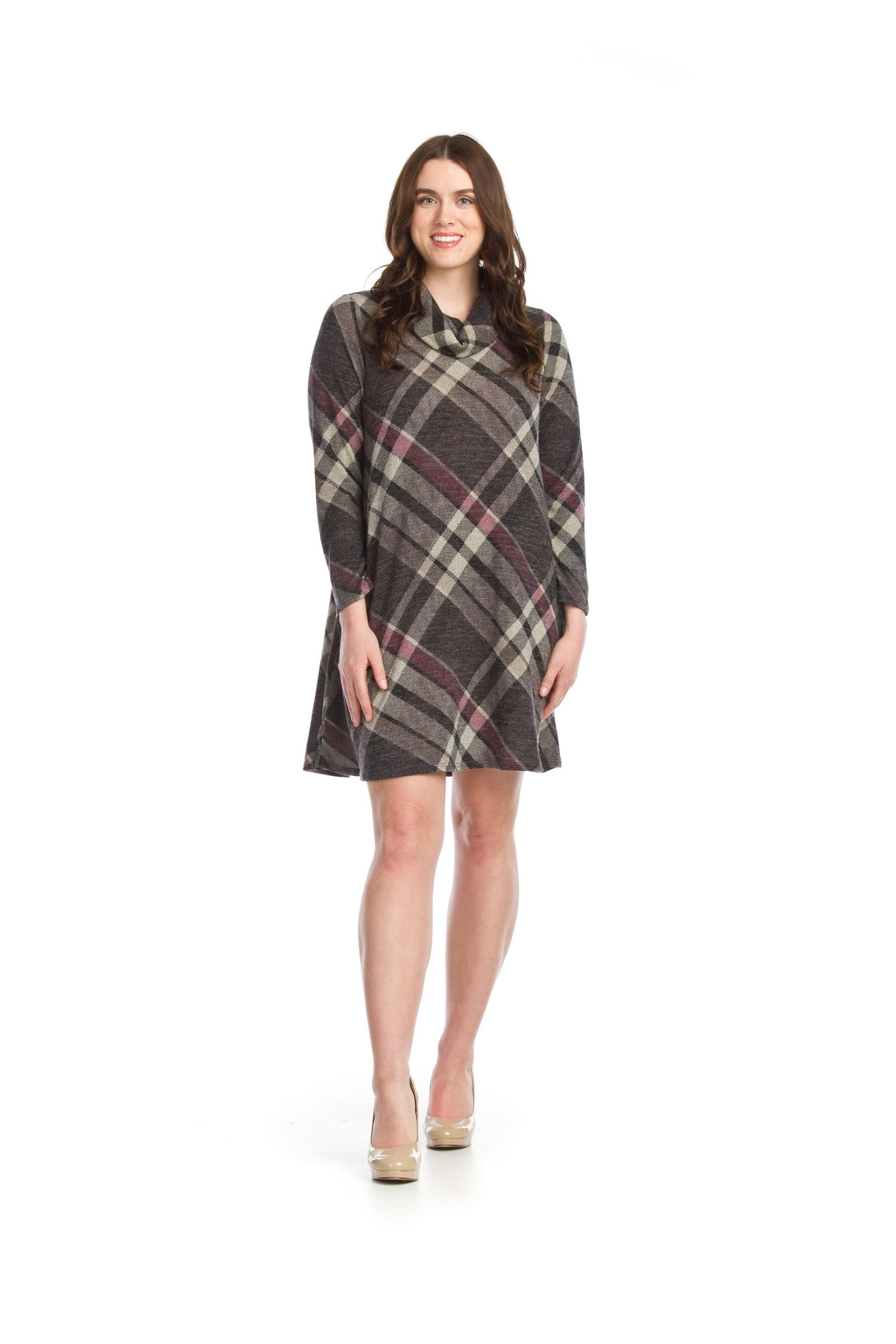CHARC Knit Plaid A-Line Sweater Dress with Cowl Neck