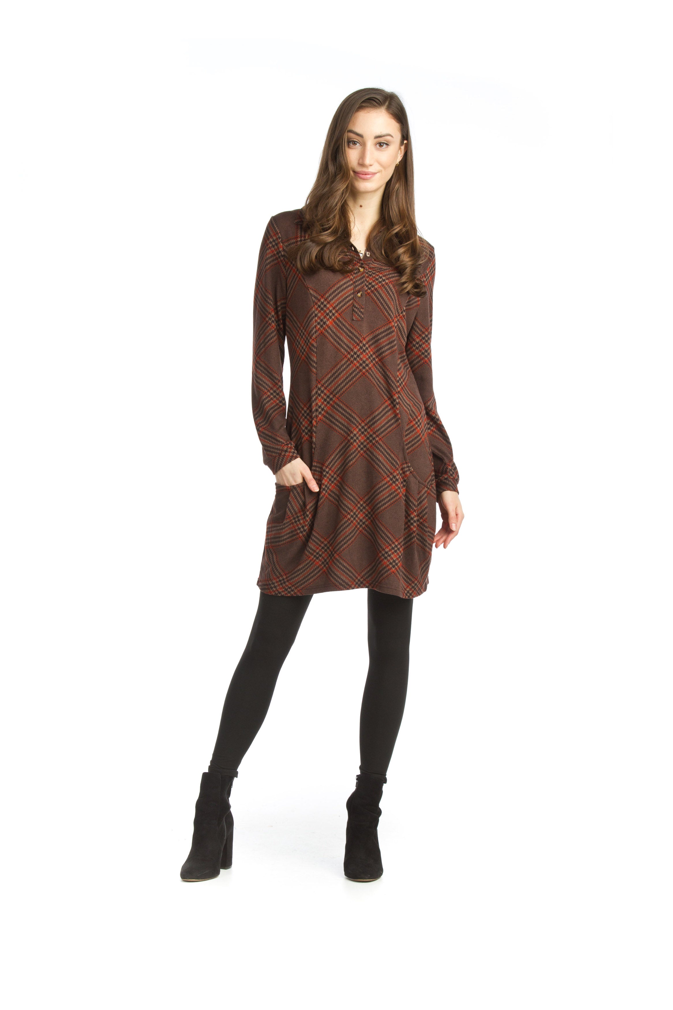 BROWN Plaid Knit Henley Dress with Pockets
