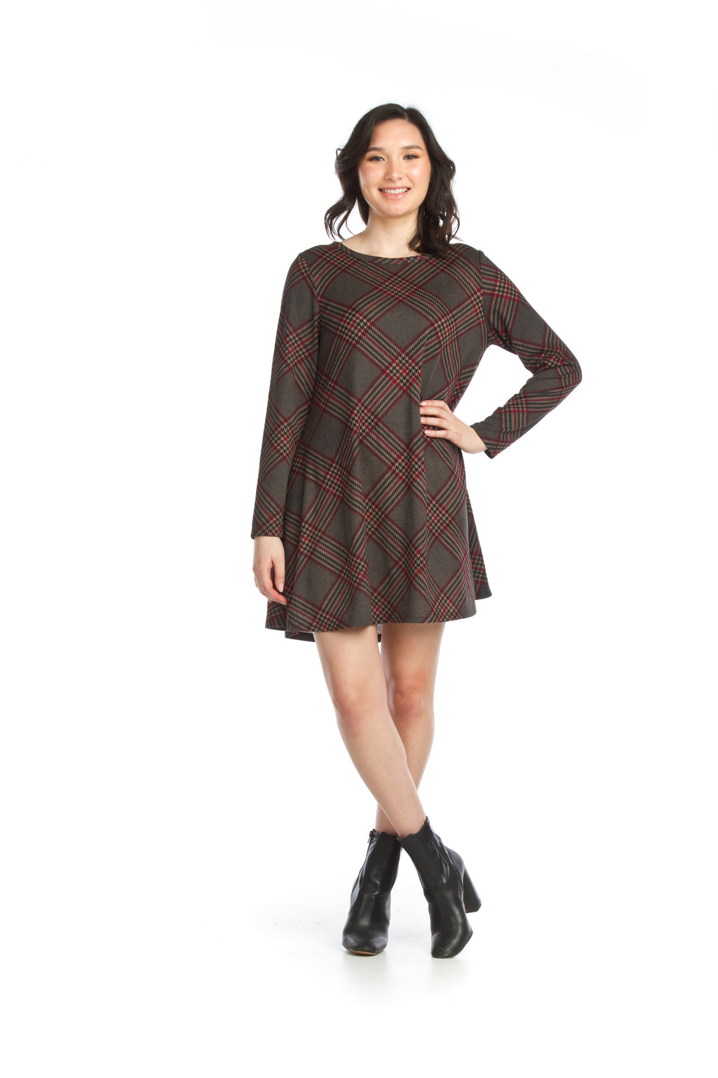 GREY Plaid Knit A-Line Sweater Dress with Pockets