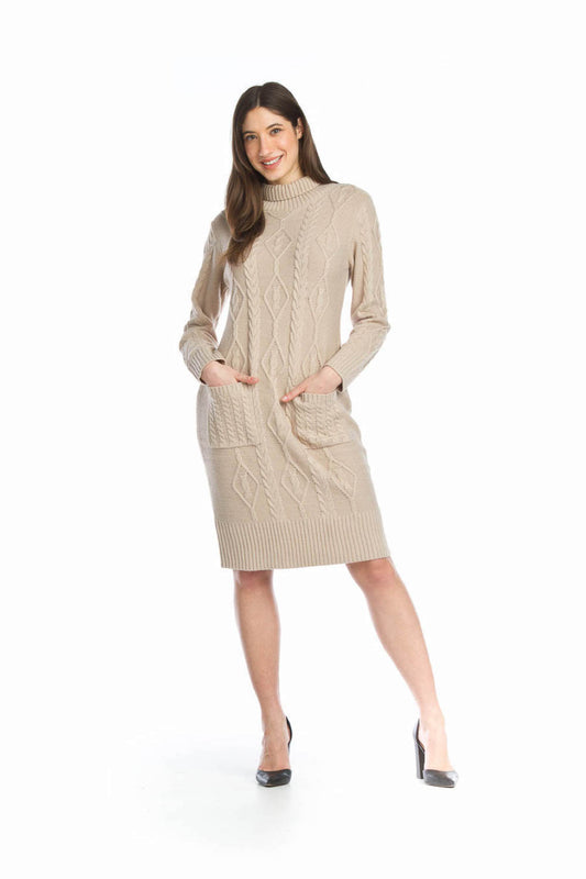 TAUPE Cable Knit Turtle Neck Midi Sweater Dress