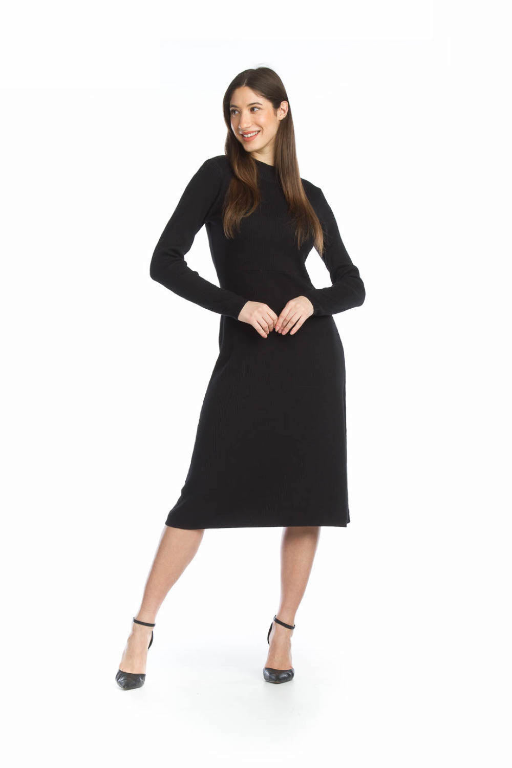 BLACK Ribbed Midi Fit & flare Mock Neck Sweater