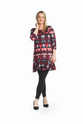 RED Geo 3/4 Sleeve Dress with ruffle Hem