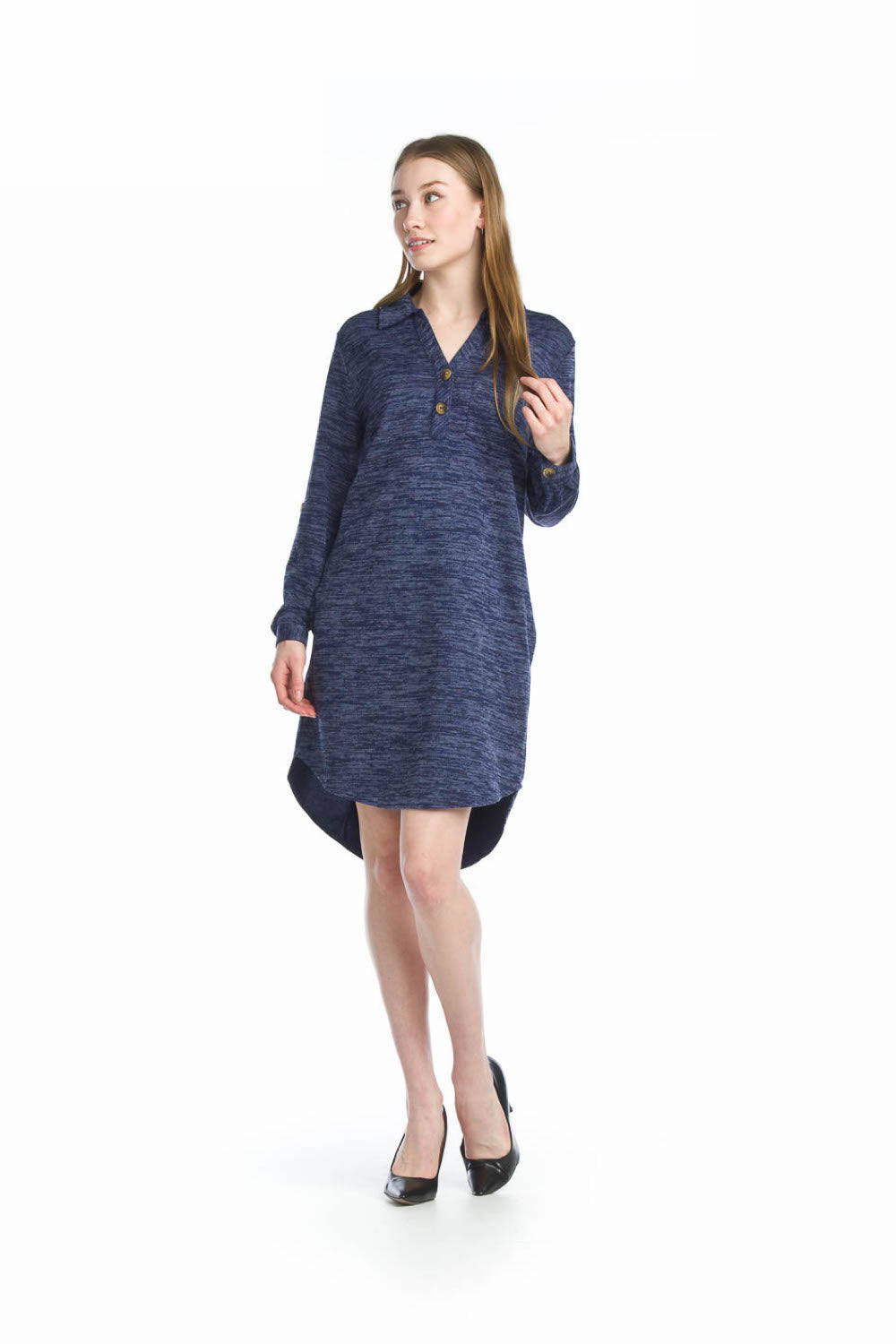 NAVY Heathered Polo Henley Sweater Dress w Pockets