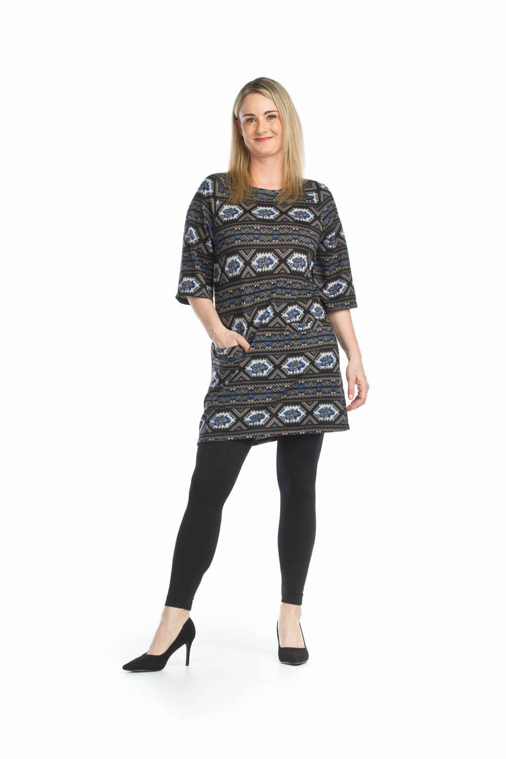 NAVY Geo A-Line Sweater Dress with Pockets