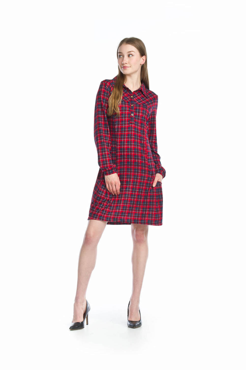 RED Plaid Henley Sweater Dress with Pockets