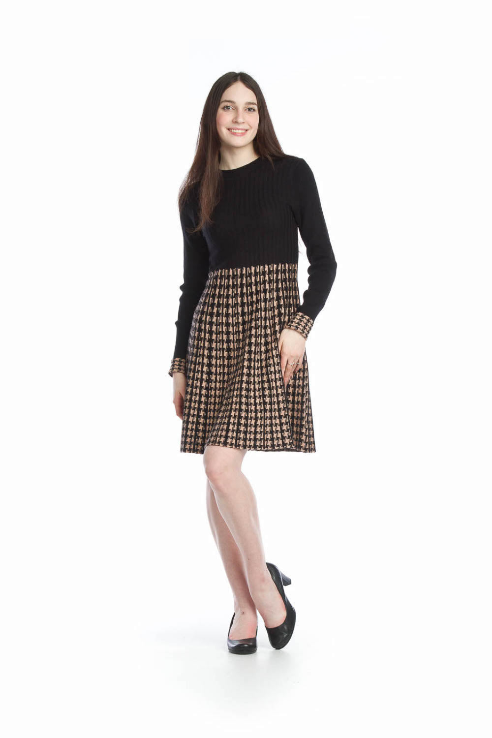 CAMEL Ribbed Skter Dress with Houndstooth Skirt