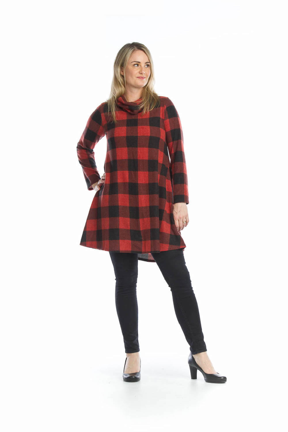 RED Plaid A-Line Cowl Neck Sweater Dress RED / M