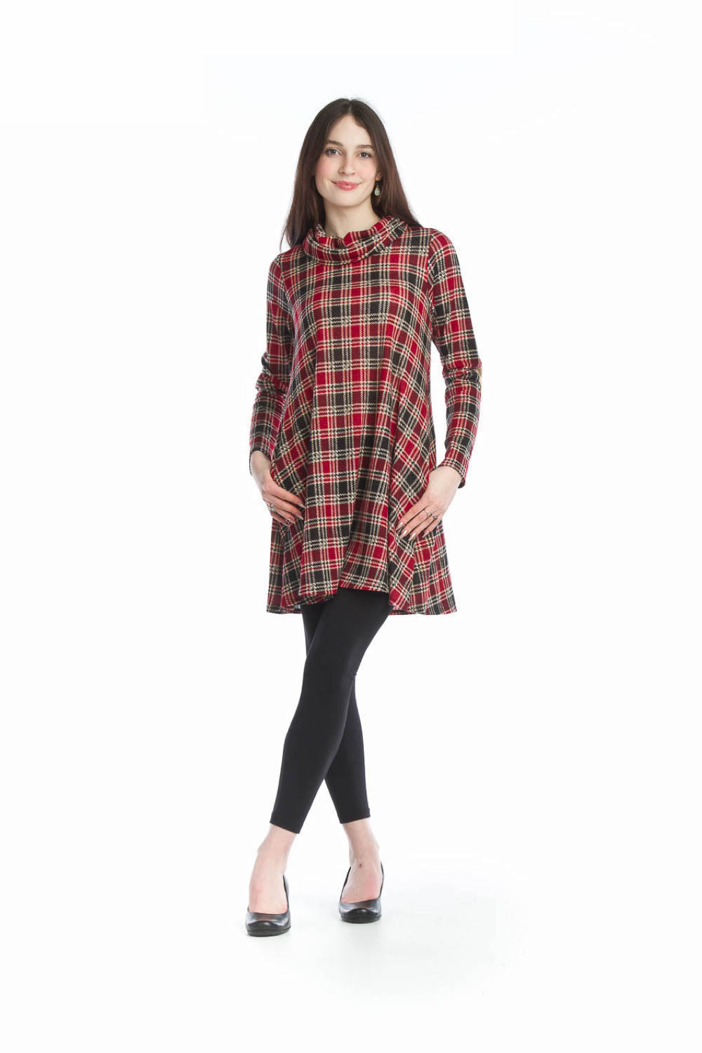 RED Plaid Cowl Neck A-Line Sweater Dress