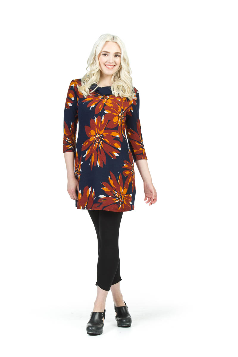 NAVY Large Floral Print Cowl Neck 3/4 Sleeve Dress