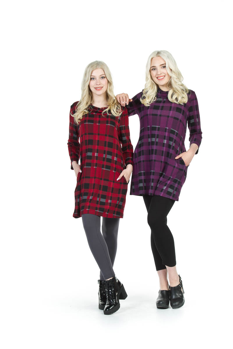 PURPL 3/4 Sleeve Plaid Cowl Neck Dress
