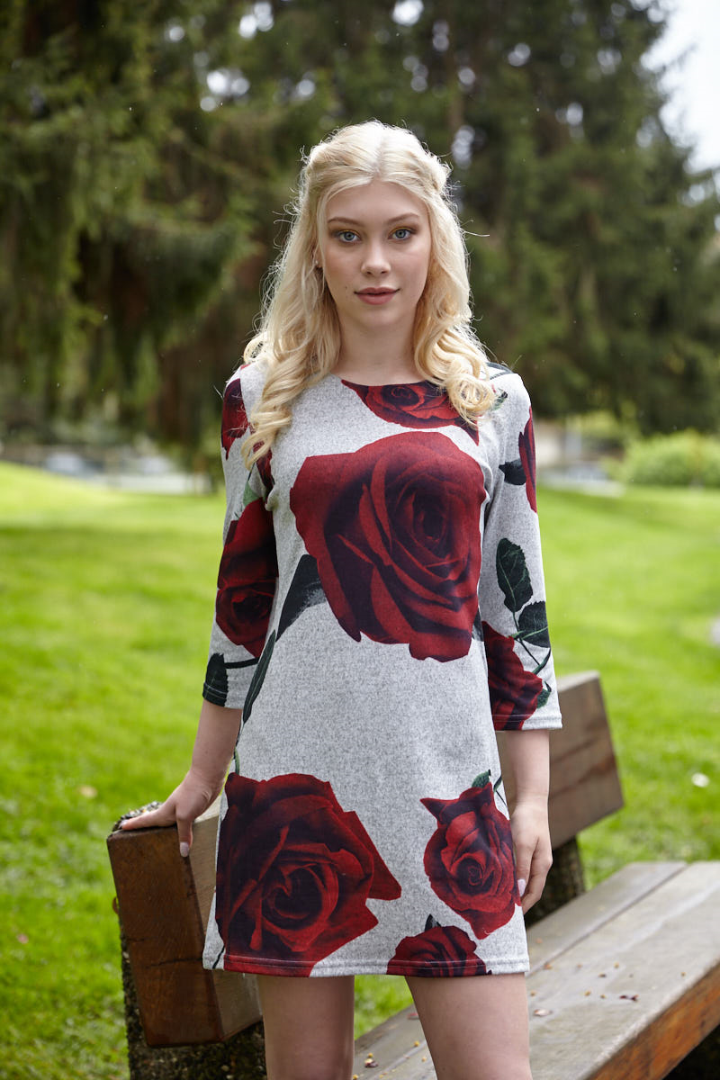 GREY Heathered Sweater Dress with Rose Print