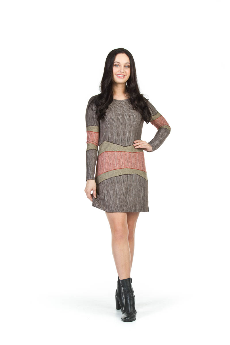 BROWN Multi Stripe Sweater Dress with Cold Shoulder