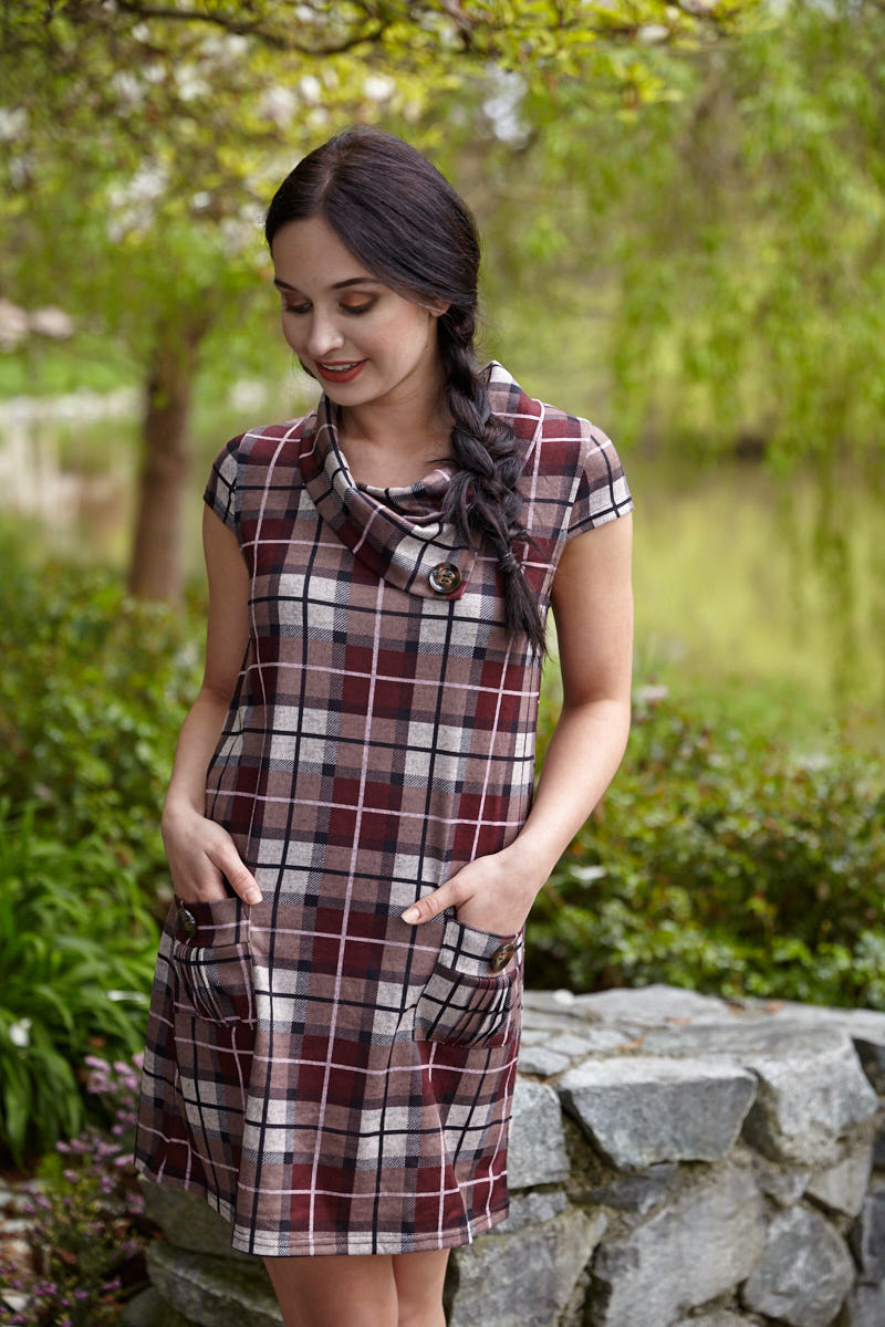 BURGN Plaid Drape Collar Dress with Pockets