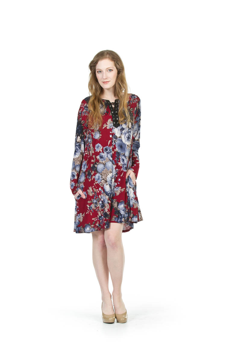 BURGN Rose Print Sweater Dress with Lace-Up Detail