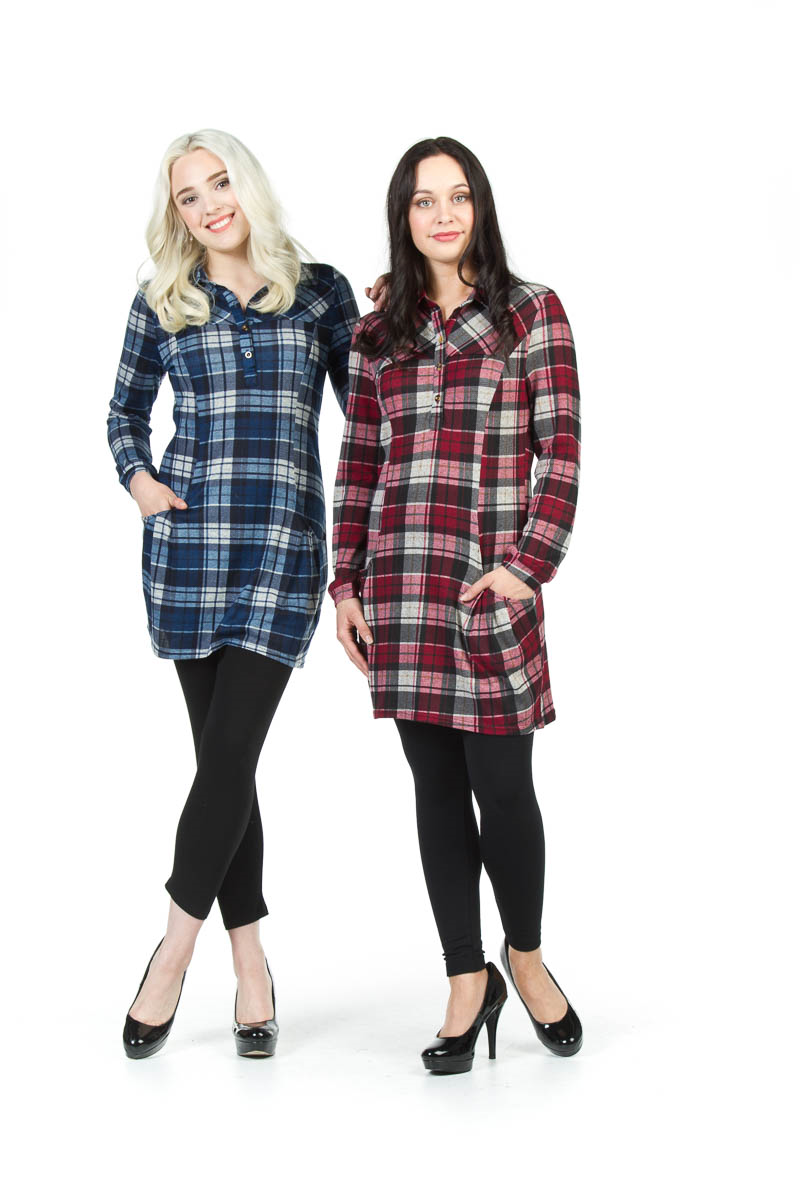 RED Plaid collared sweater dress with pockets
