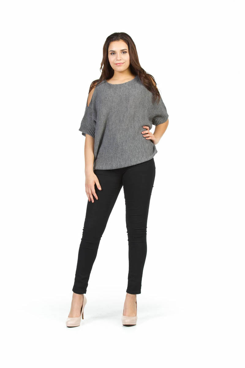 GREY Cold Shoulder Batwing Relaxed Sweater
