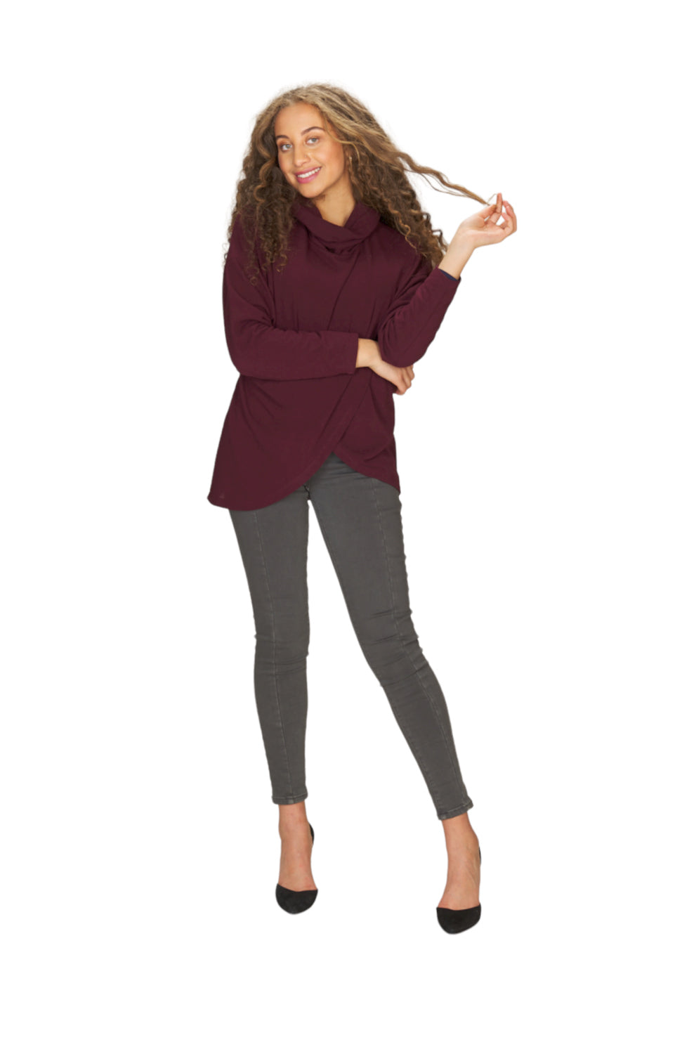 WINE Cowl Neck Crossover Front Sweater