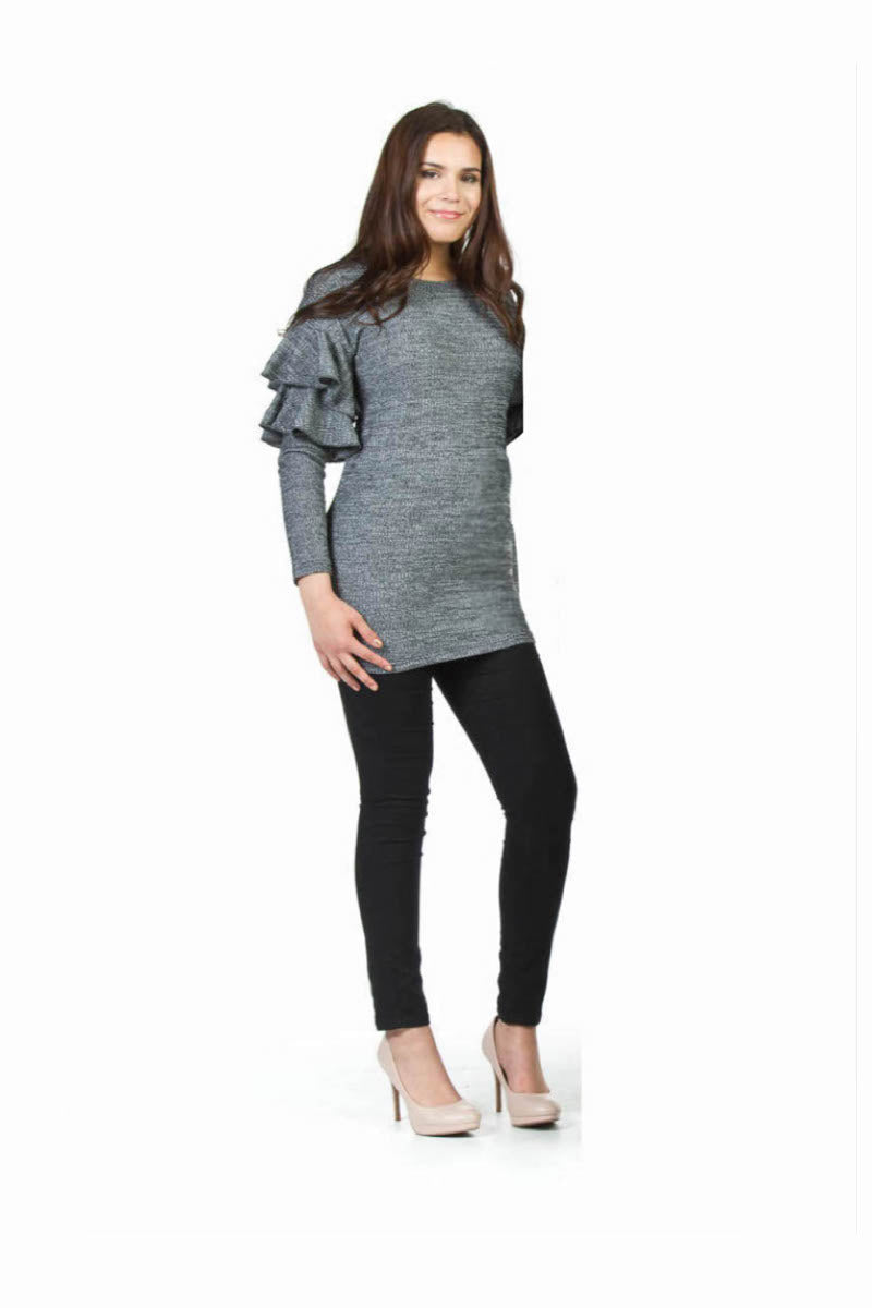 BLACK Ruffle Sleeve Detail Ribbed Sweater