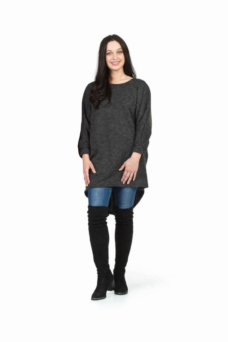 BLACK Textured Oversizes Sweater with Leather Look Trim