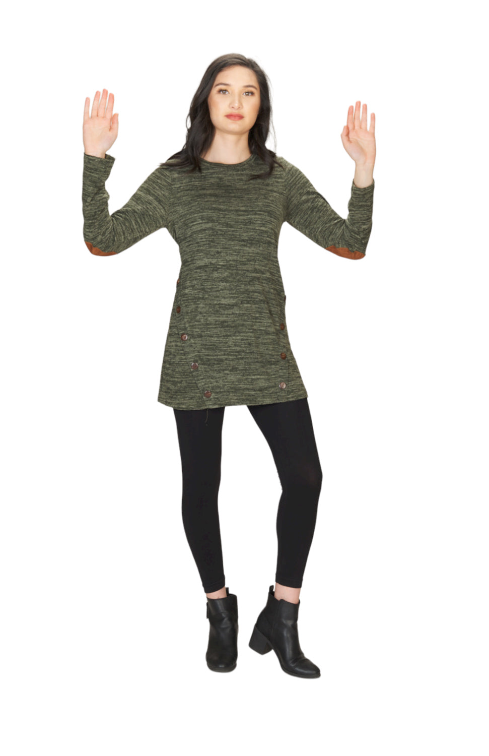 NAVY Heathered Tunic  w Button Detail and Elbow Patch