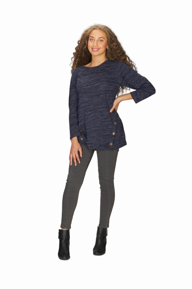 NAVY Heathered Tunic  w Button Detail and Elbow Patch
