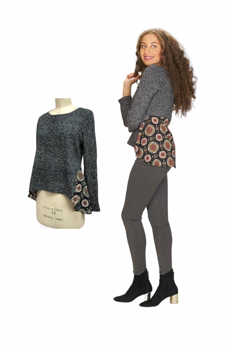 BEIGE Heathered Sweater with Mandala Print Underlay