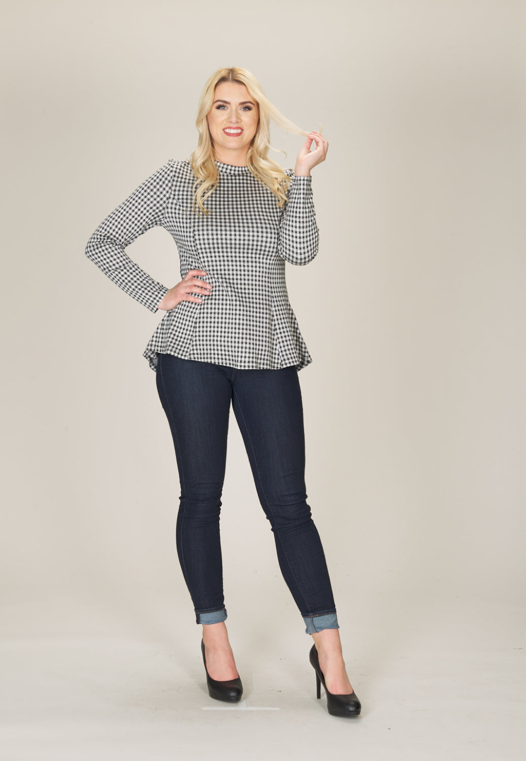 BLKWH Gingham Print Peplum Look Top with Mock Neck