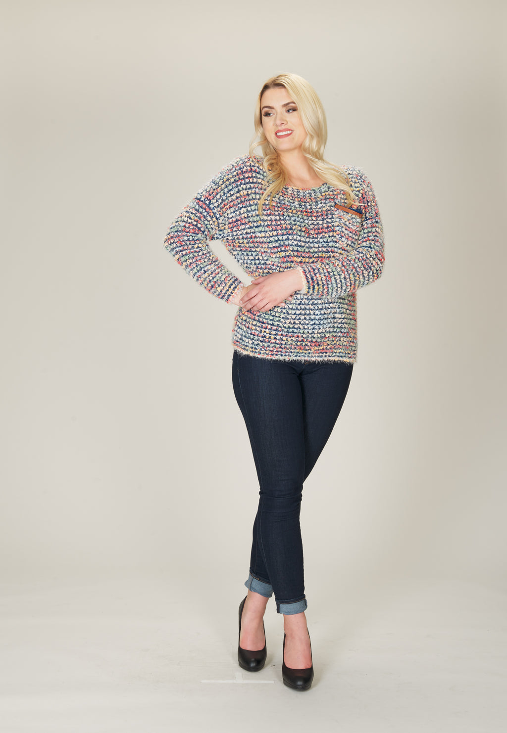 BLUE Multicolor Fuzzy Sweater w Leather Trim Dtl