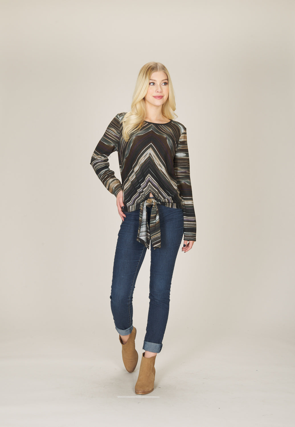 BROWN Stripe Long Sleeve Tie Top