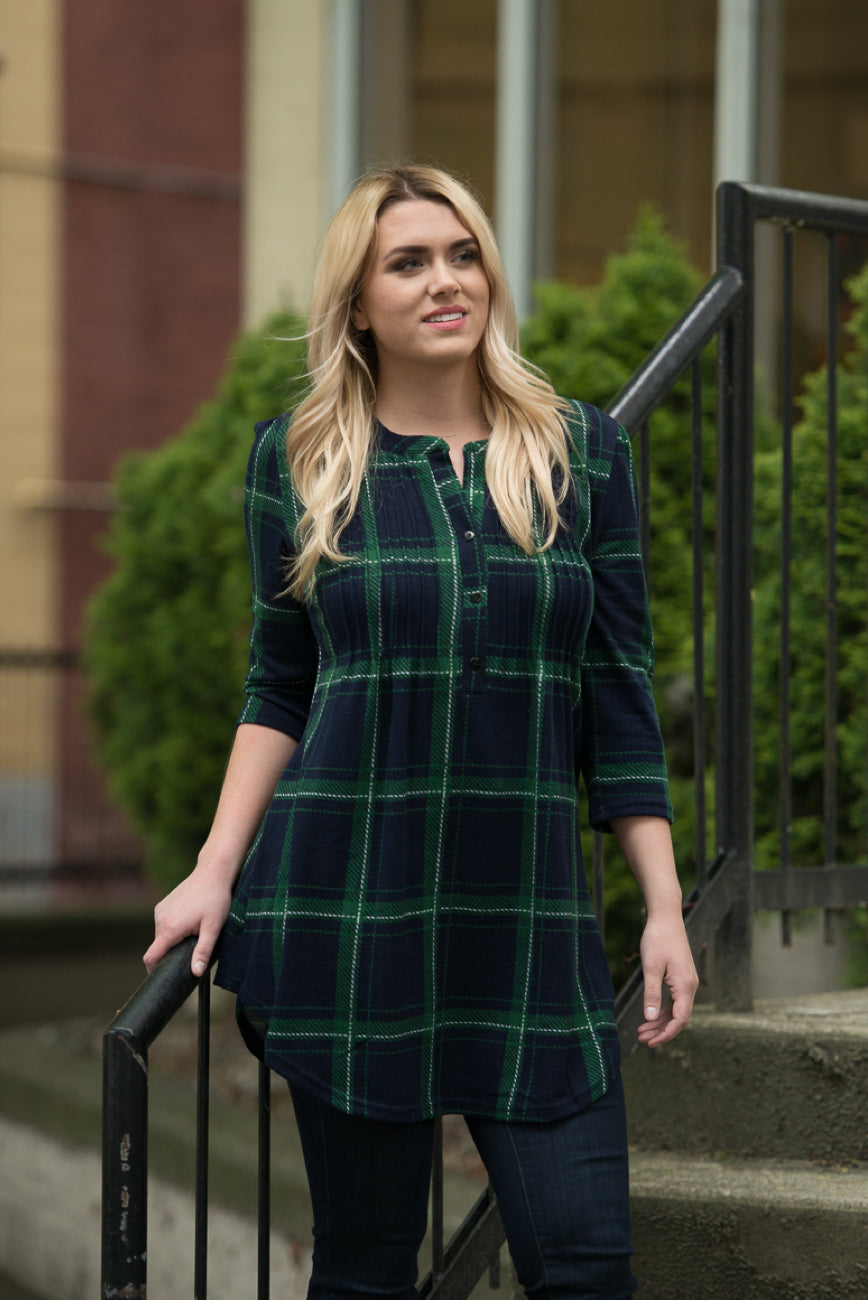 NAVY Plaid Tunic with Pleat Detail