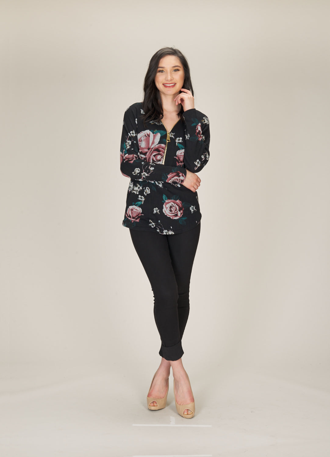 BLACK Rose Print Sweater with Zipper Detail