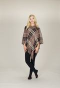 TAUPE Check Poncho with Tassels (one size)