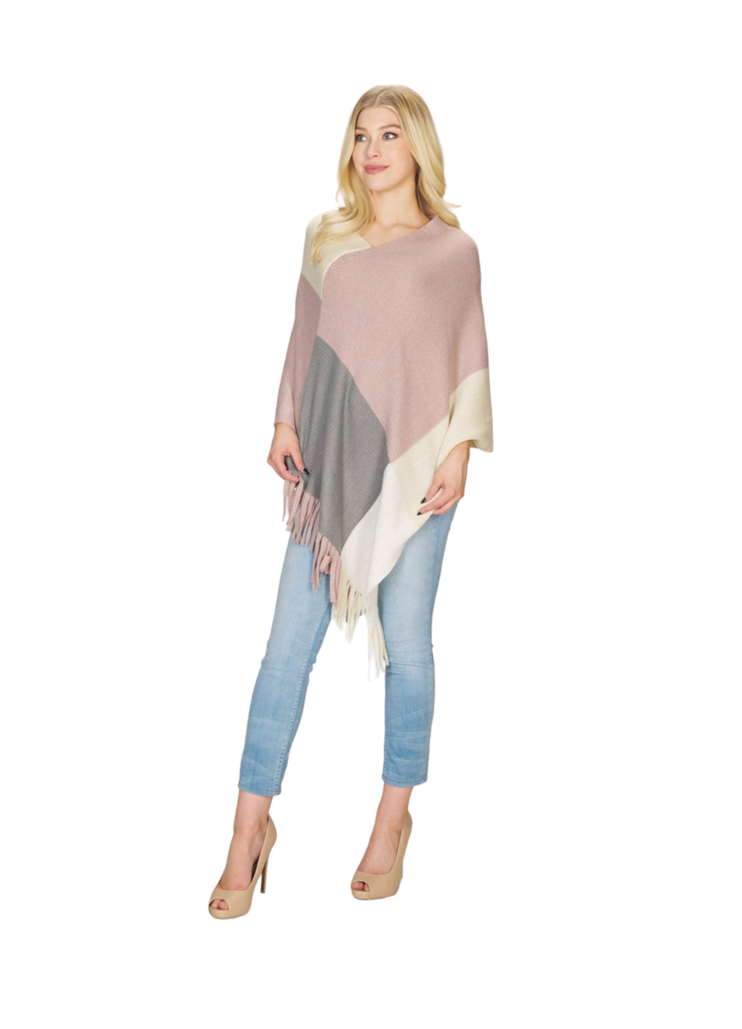 PINK Color Blocked Poncho with Tassels (one size)