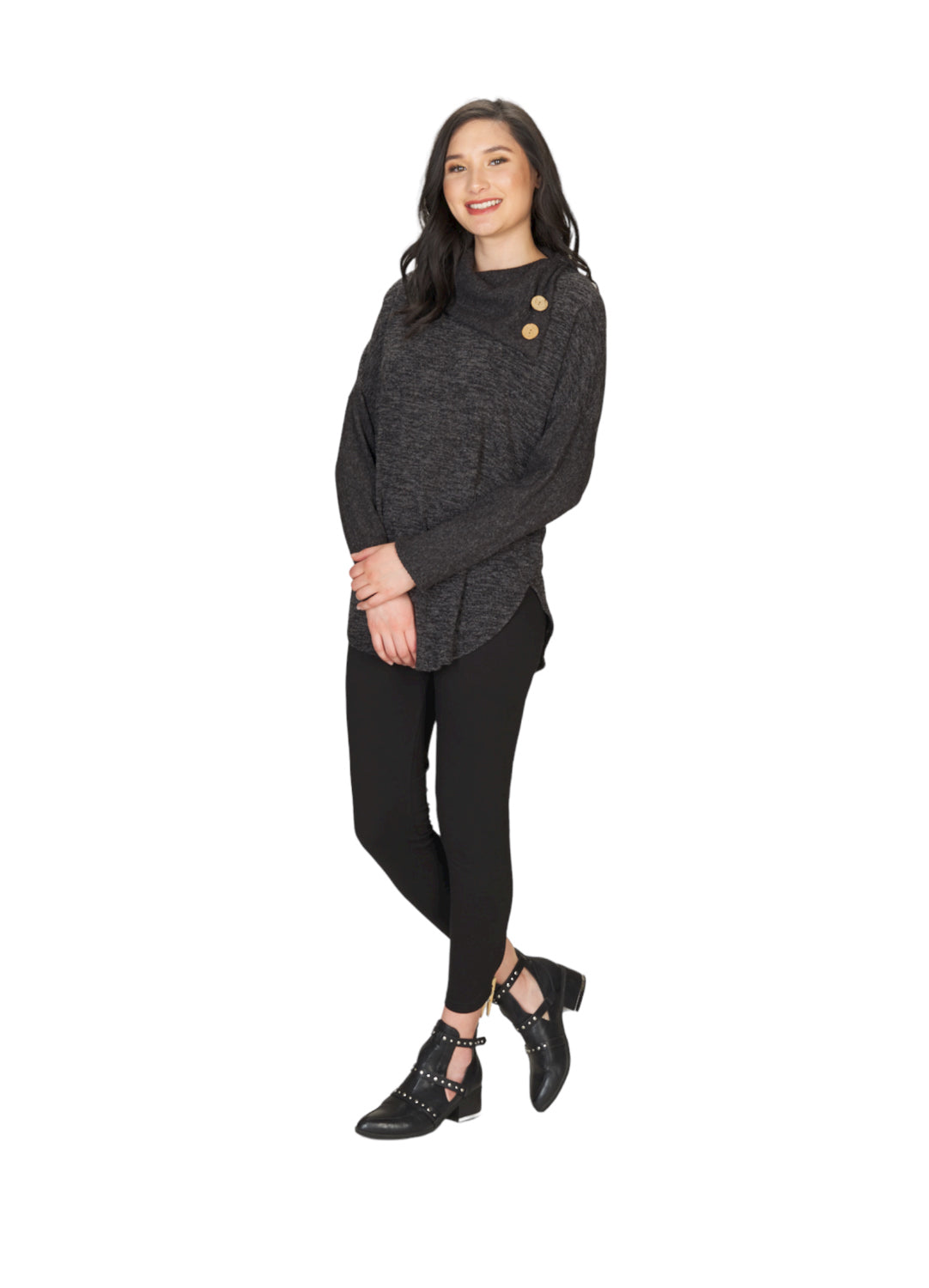 WINE Heatherd Tunic w Drape Collar & Rib Sleeves