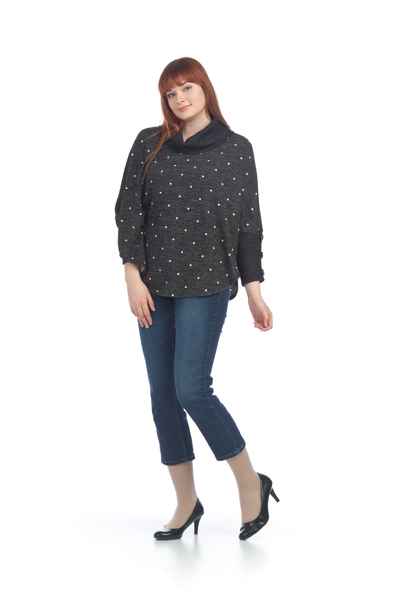 CHARC Heathered Polka Dot Cowl Neck Poncho Top