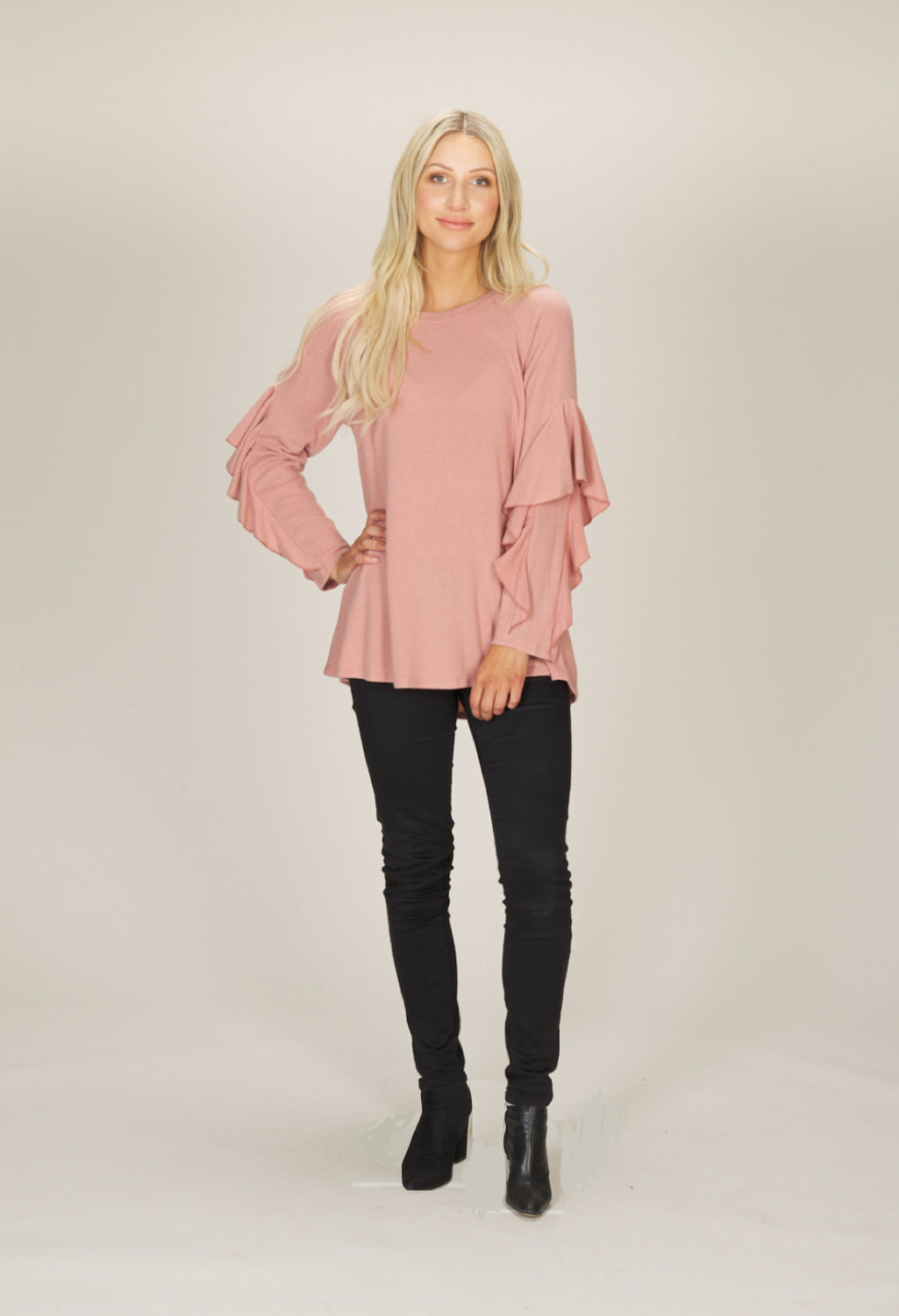 BLUSH Ruffled Long Sleeve Knit Tunic