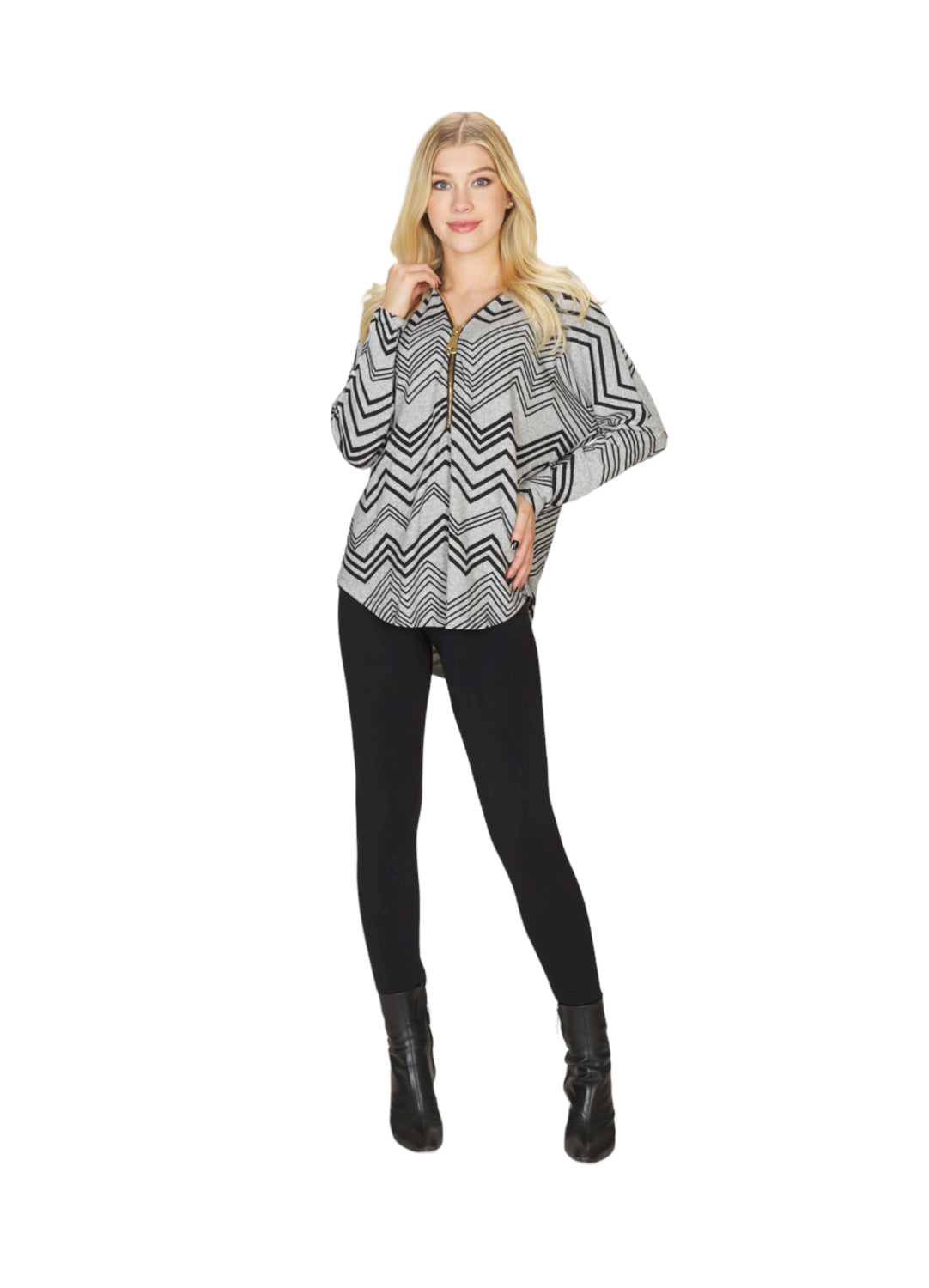 GREY Chevron Print Sweater with Zip Detail