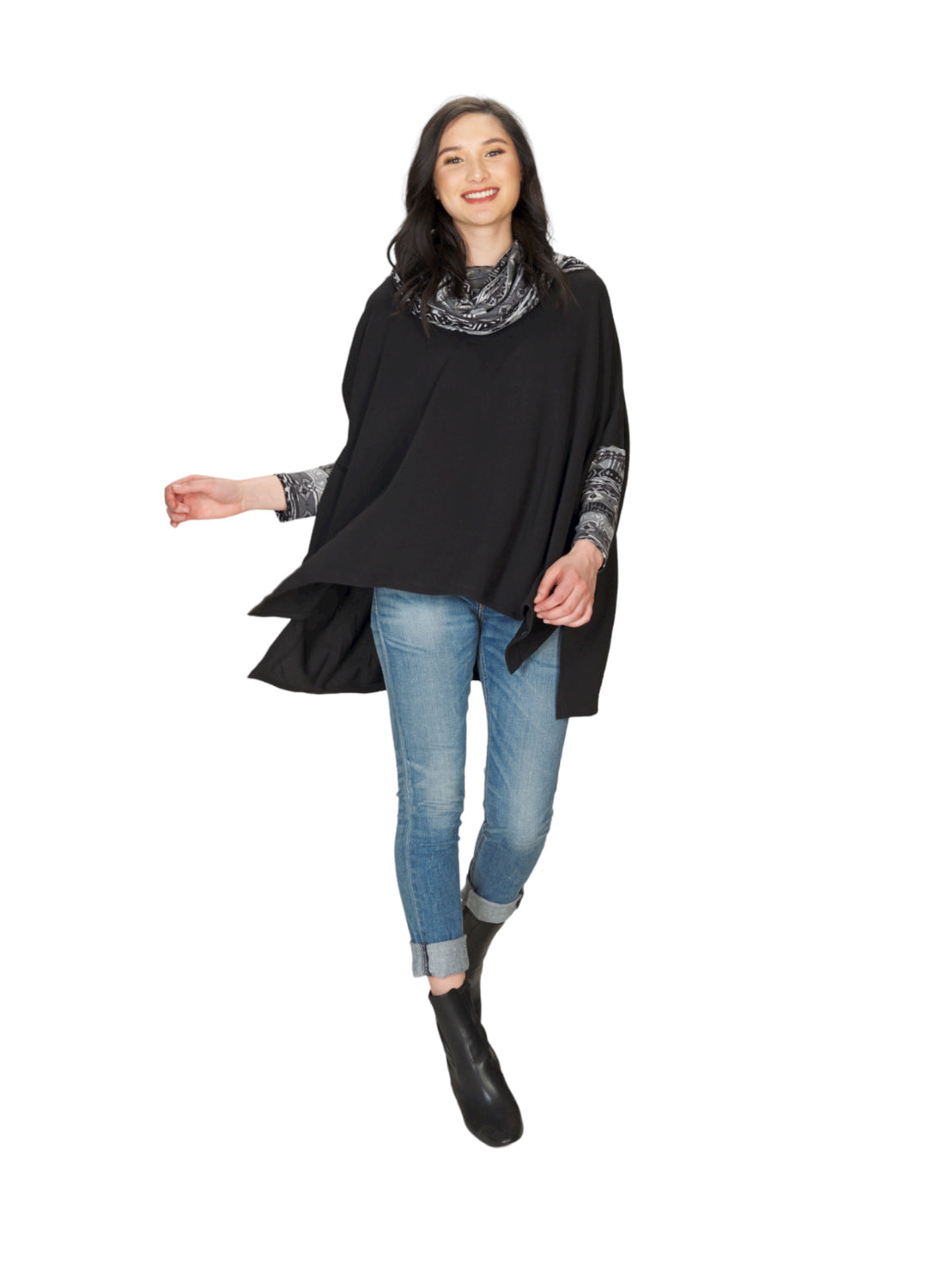 BLACK Poncho with Printed Trim